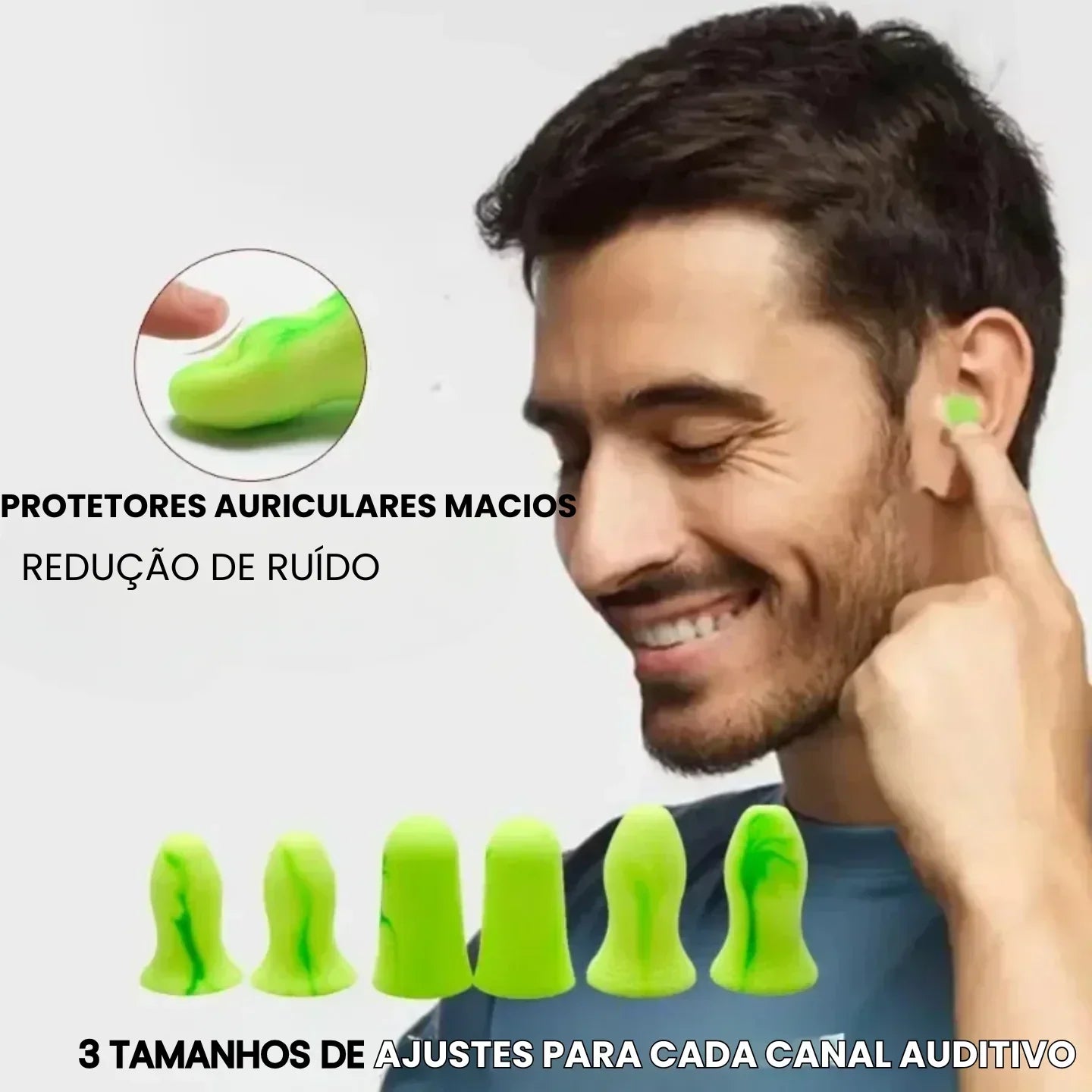 Homem usando protetor auricular verde, redução de ruído, três tamanhos disponíveis.