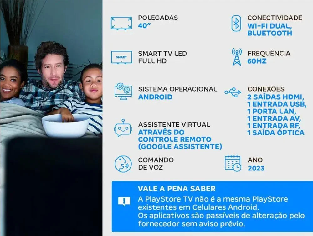 Família assistindo TV com especificações de Smart TV LED Full HD 40 polegadas Android e Wi-Fi.