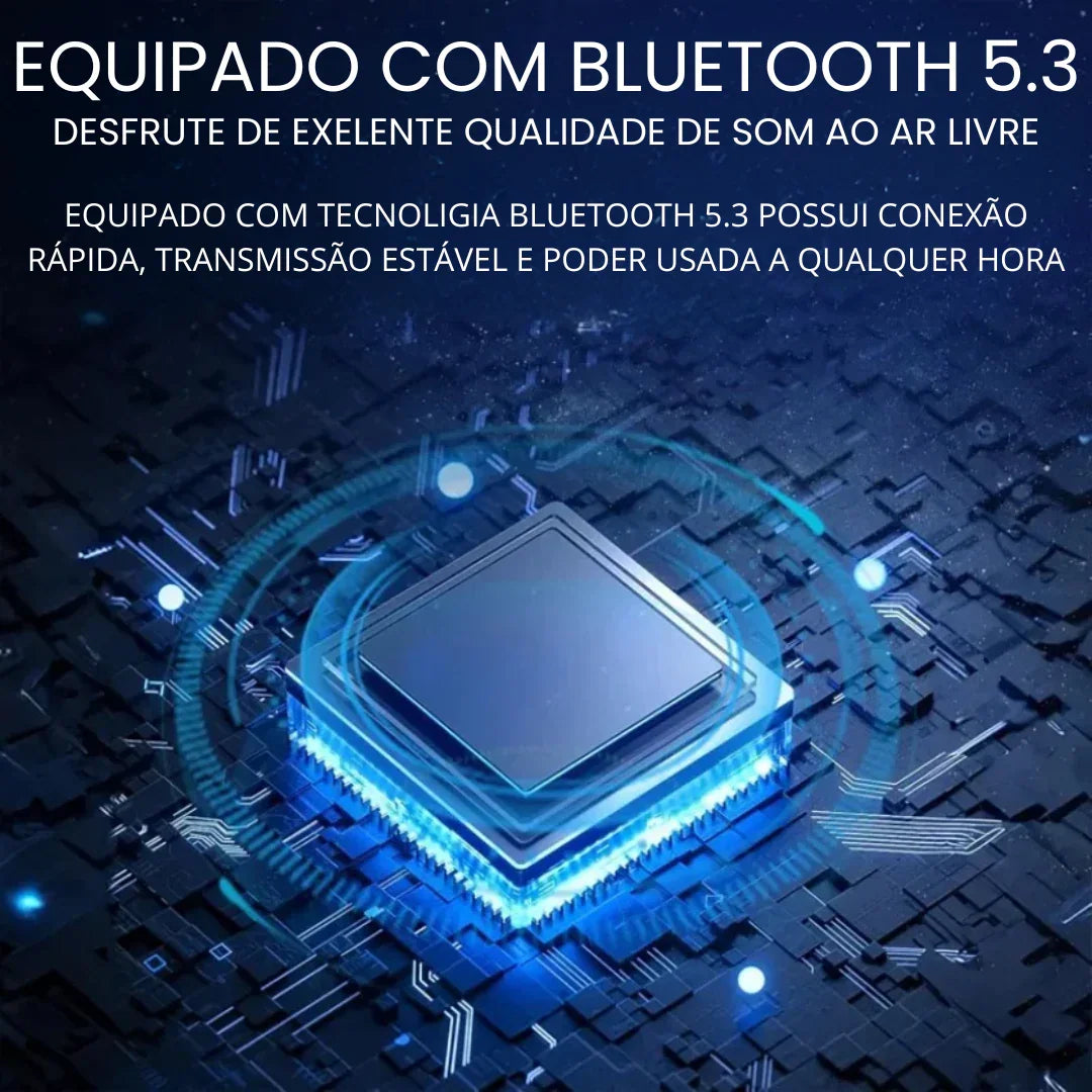 Chip tecnológico com destaque para Bluetooth 5.3, fundo digital azul futurista.
