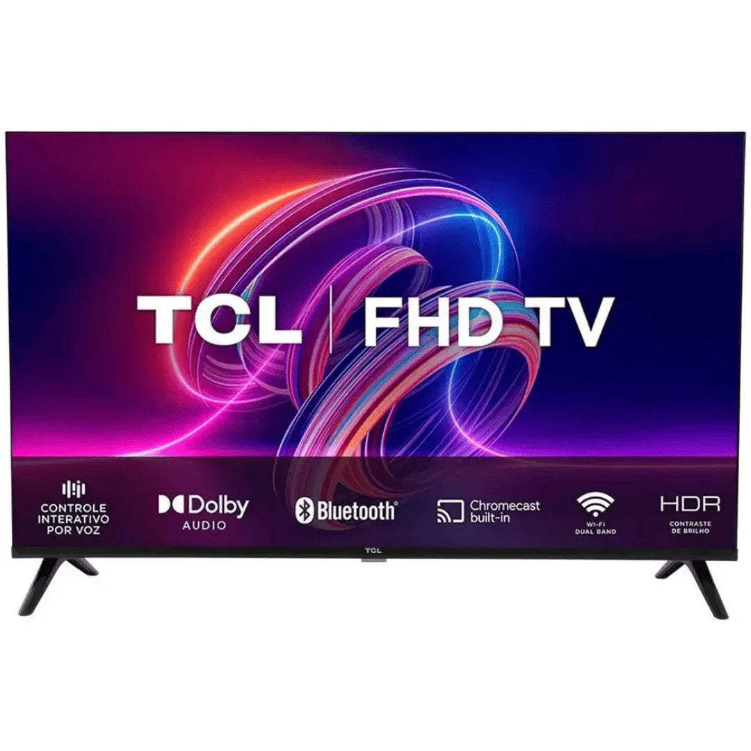 Smart TV TCL FHD com Dolby Audio, Bluetooth, Chromecast, Wi-Fi e HDR em fundo colorido.