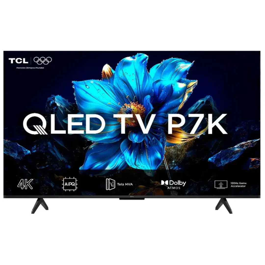 Smart TV TCL QLED TV P7K 4K com flor azul na tela, Dolby Atmos, 120Hz, tela HVA
