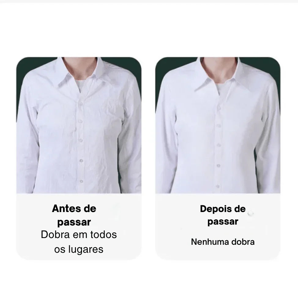 Comparação de camisa branca amassada antes e lisa depois de passar, fundo escuro.