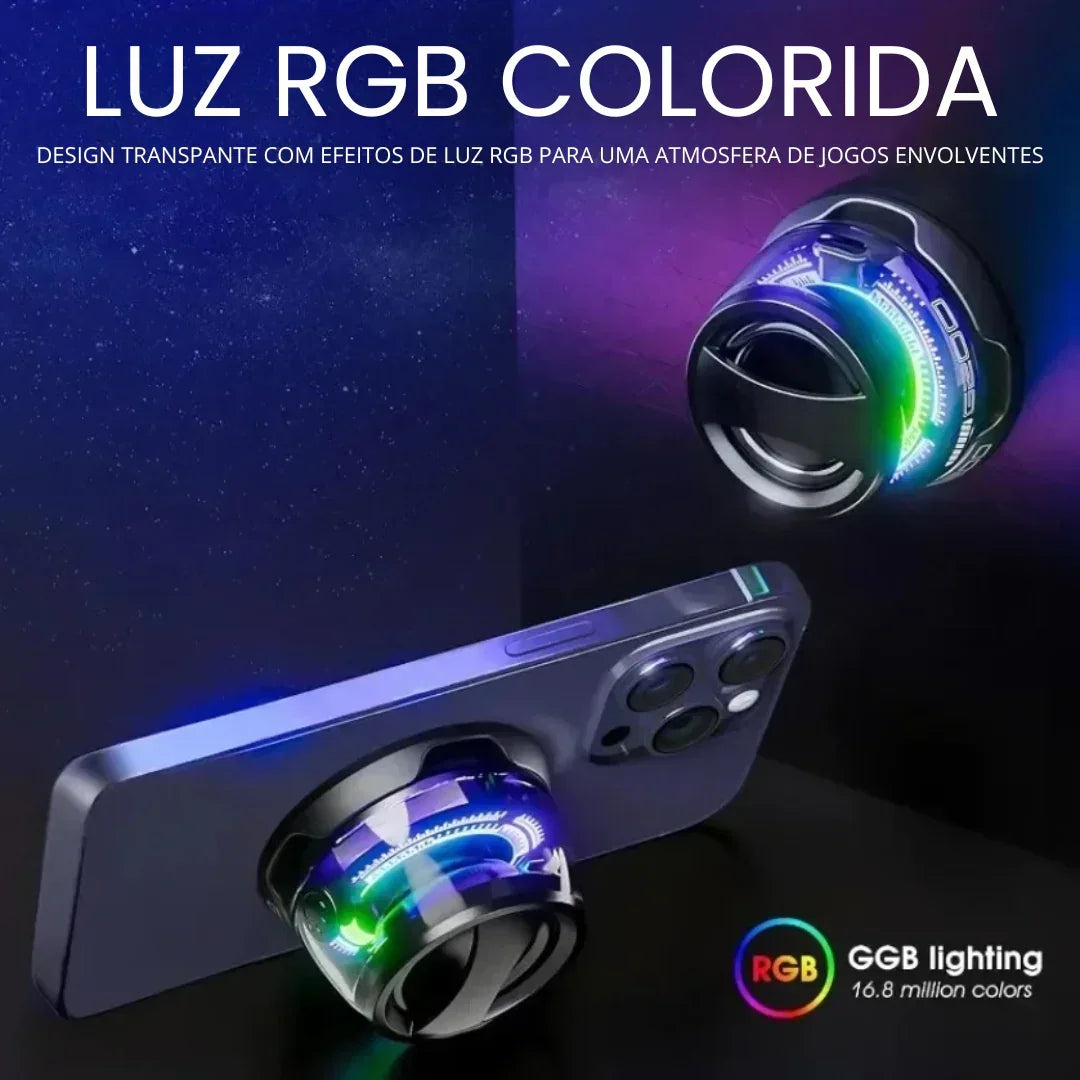 Lente para celular com luz RGB colorida, design transparente, ideal para jogos e fotos criativas.