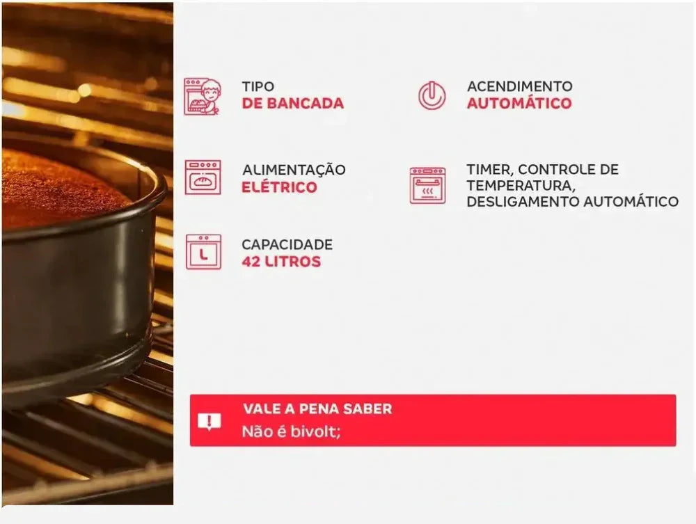 Forno elétrico de bancada 42 litros, acendimento automático, com timer e controle de temperatura.