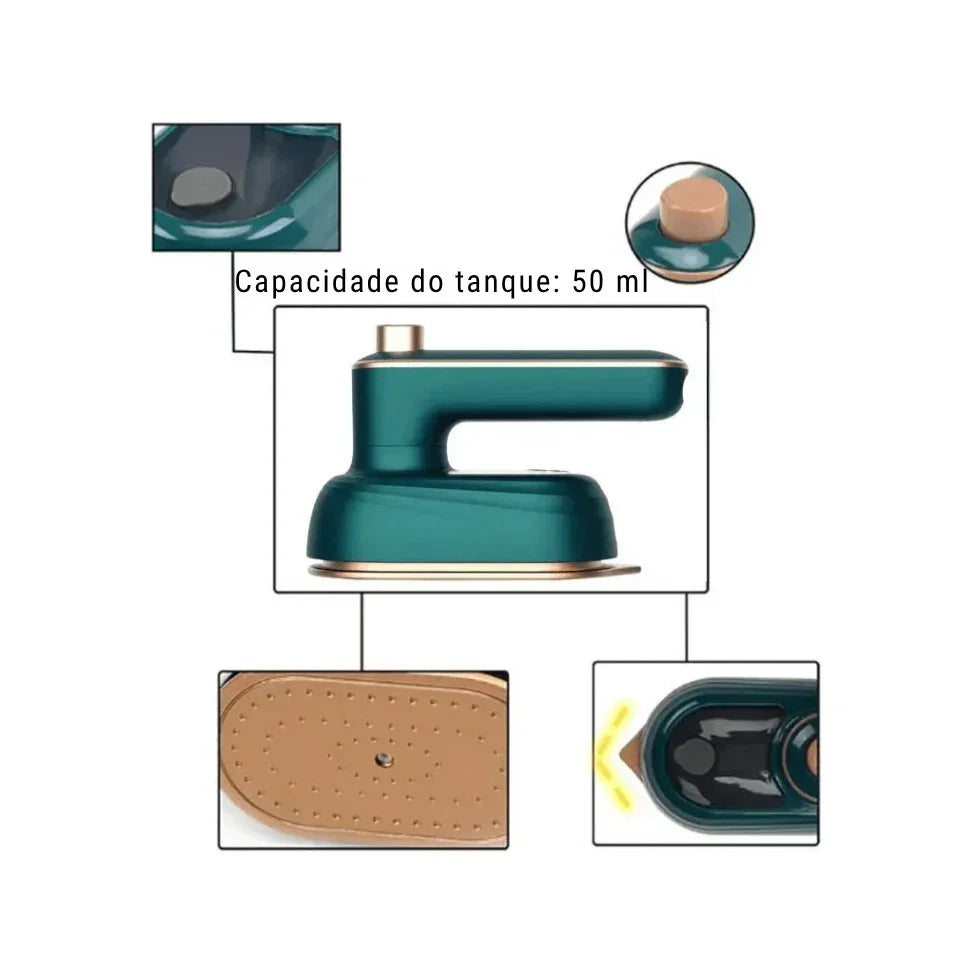 Ferro de passar portátil verde, detalhes do tanque de 50 ml e base antiaderente.