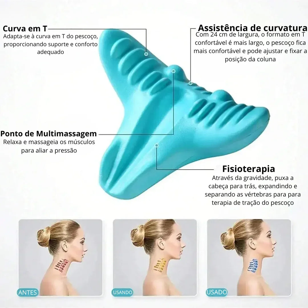 Apoio ortopédico em T azul para pescoço com destaque para benefícios de fisioterapia, massagem e correção postural, acompanhado de ilustrações do antes e depois do uso em uma mulher.