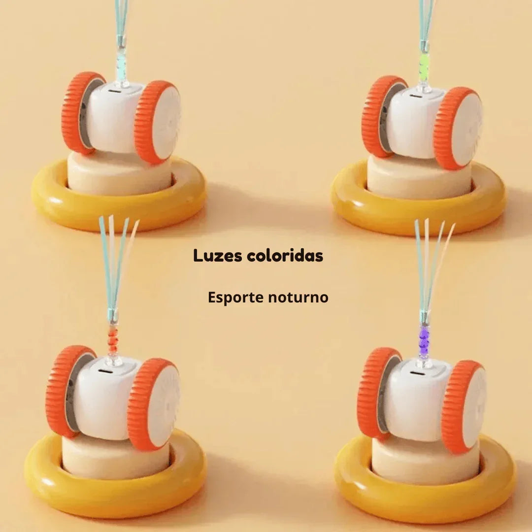 Robôs pequenos com rodas laranja e luzes coloridas, fundo bege, esporte noturno destaque.