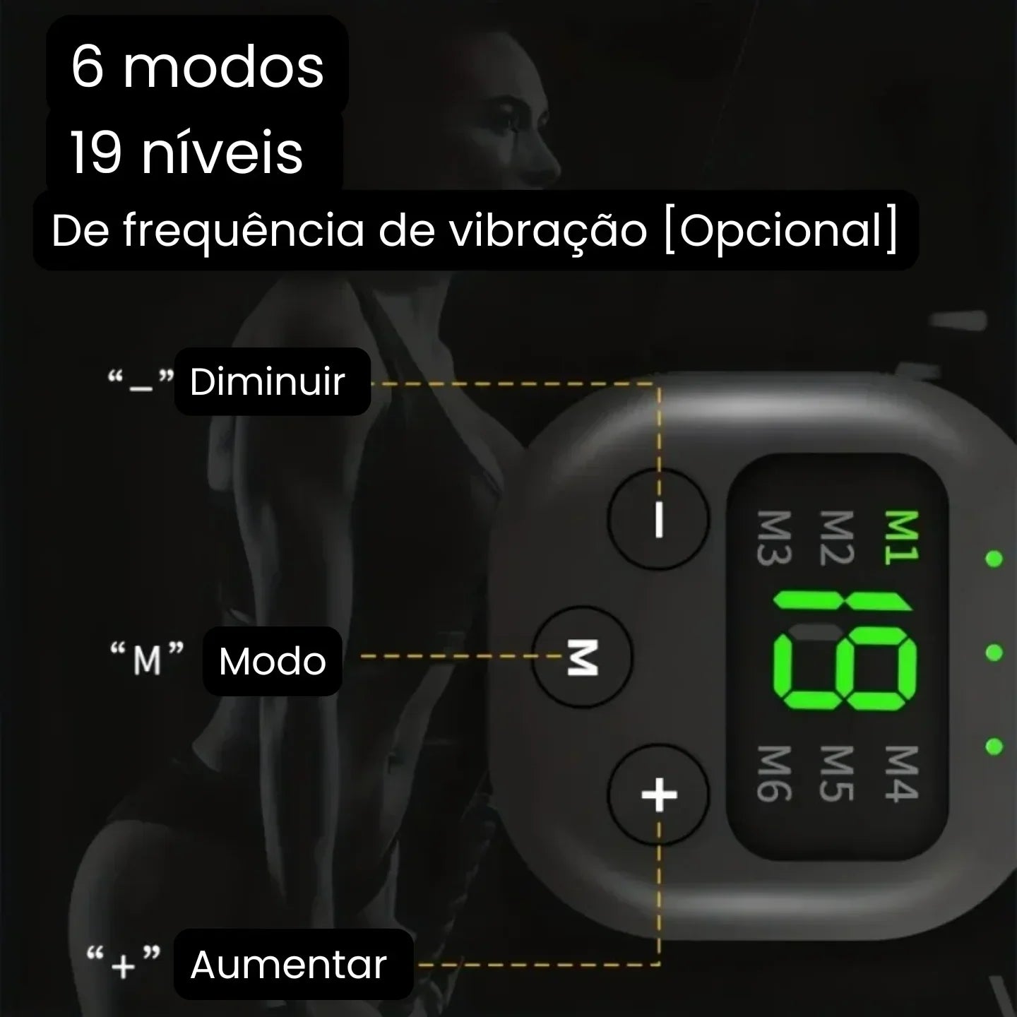 Display digital com 6 modos e 19 níveis de frequência de vibração, fundo de treino fitness.