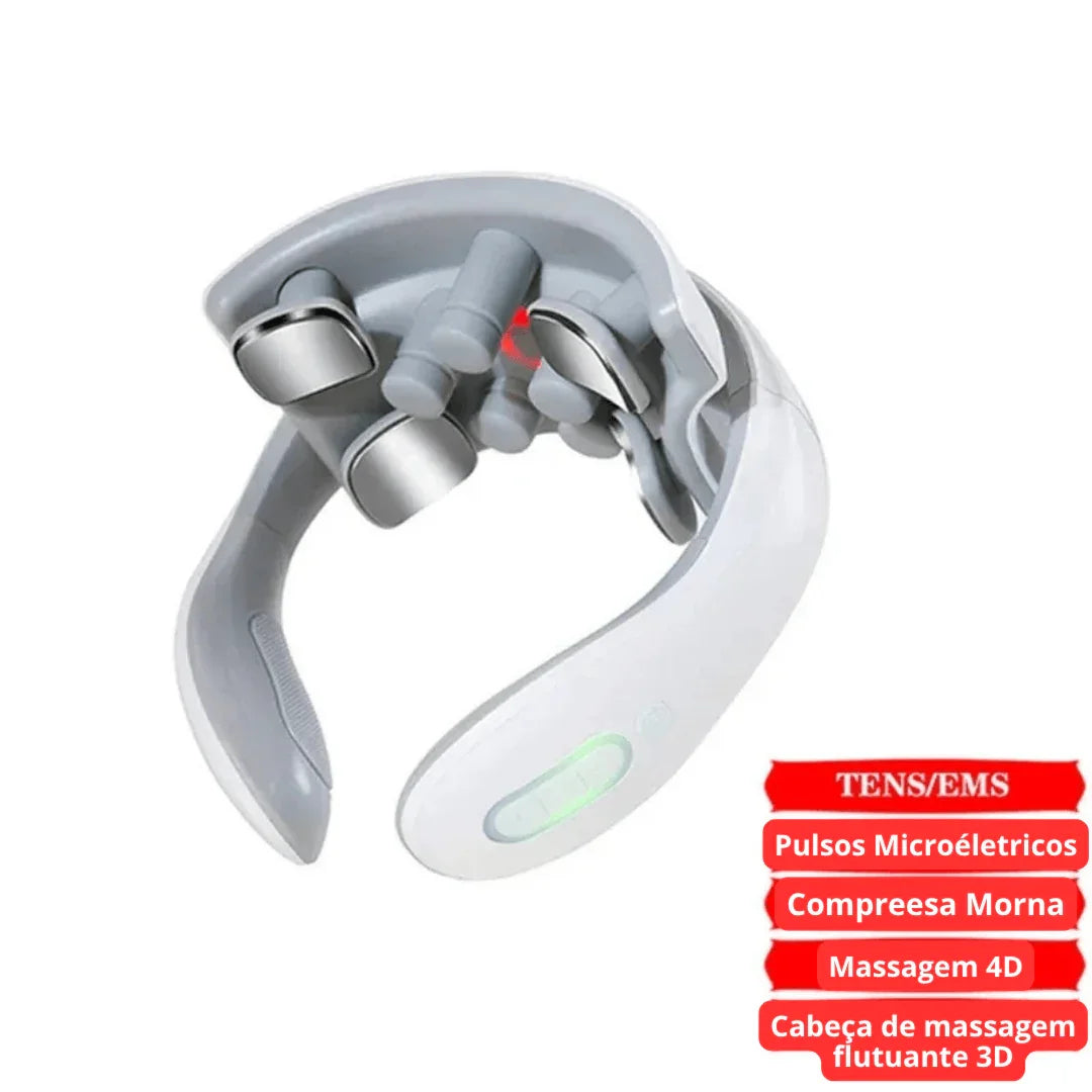 Massageador cervical branco com eletrodos e funcionalidades TENS, EMS, massagem 4D, compressa morna