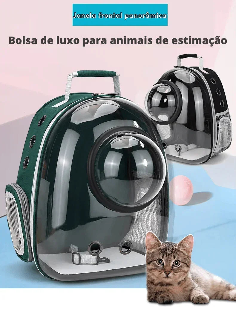 Bolsa de transporte de luxo para animais de estimação com janela panorâmica e gato ao lado