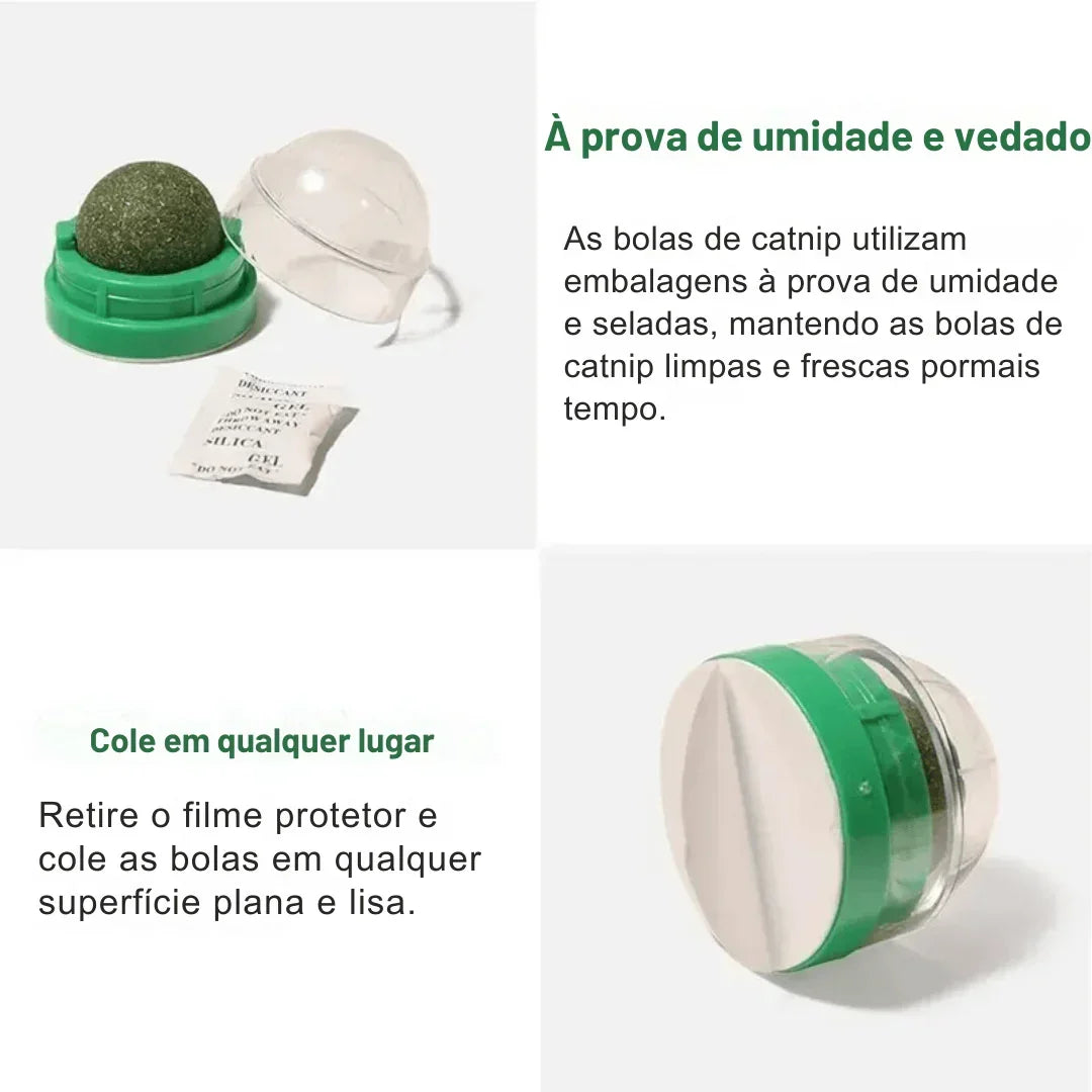 Bola de catnip vedada com embalagem plástica verde, sílica gel e tampa transparente.