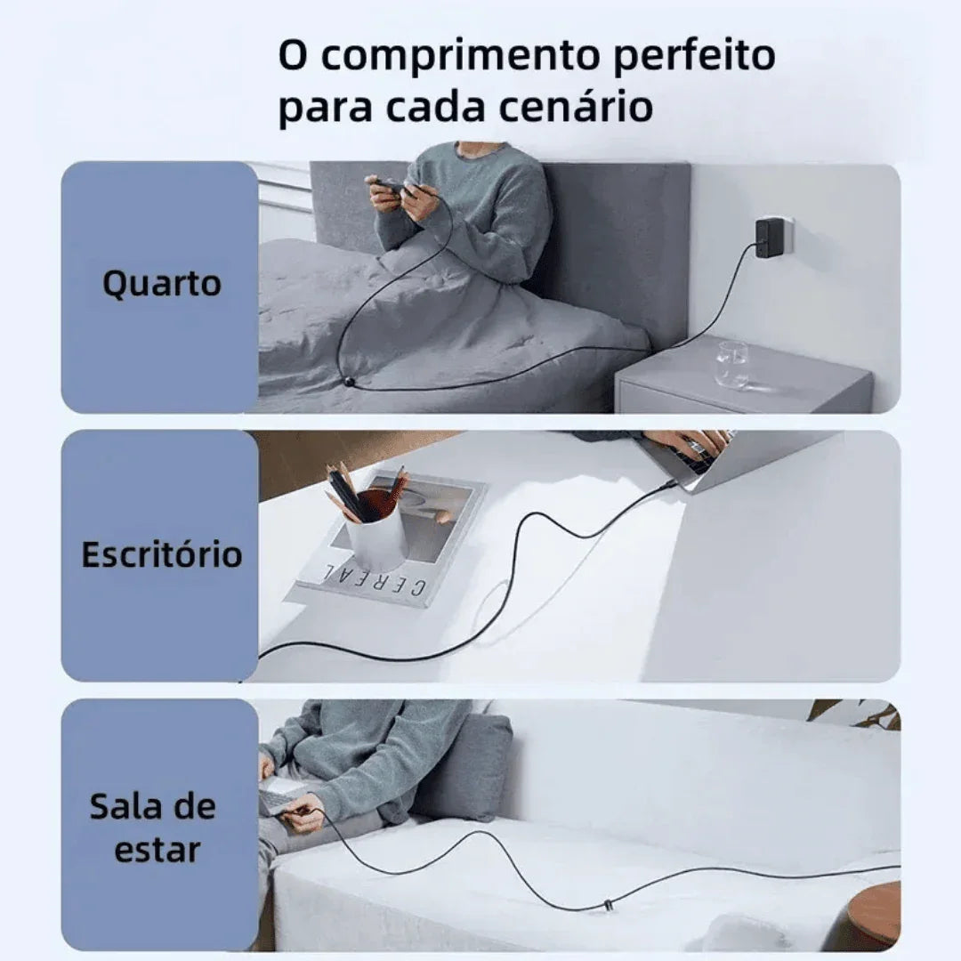 Cabo de carregador longo em uso no quarto, escritório e sala de estar para eletrônicos