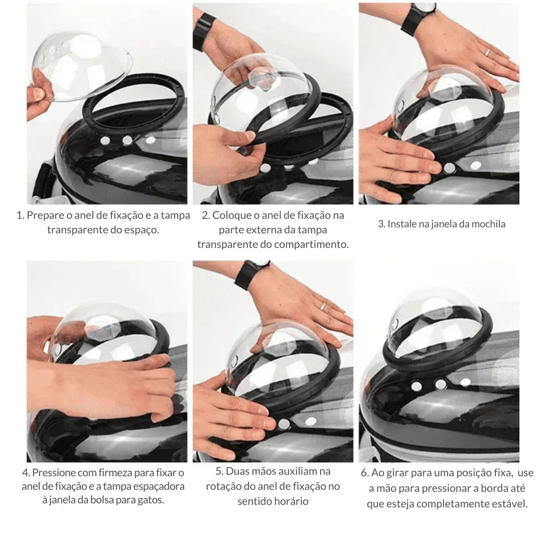 Instruções com mãos montando cúpula transparente em mochila de transporte para gatos.