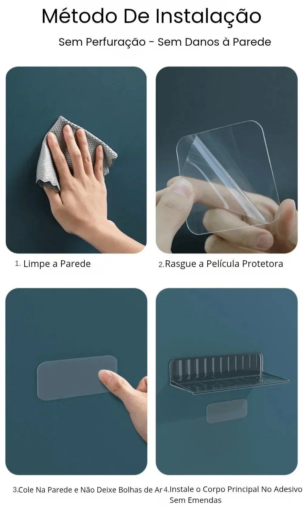 Passo a passo de instalação adesiva sem furos para prateleira de parede, parede azul.