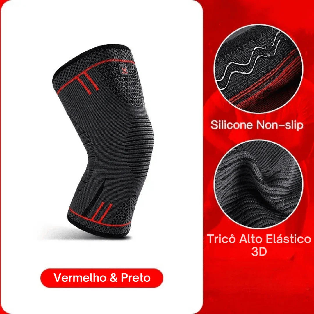 Joelheira preta e vermelha com silicone antiderrapante e tricô elástico 3D.