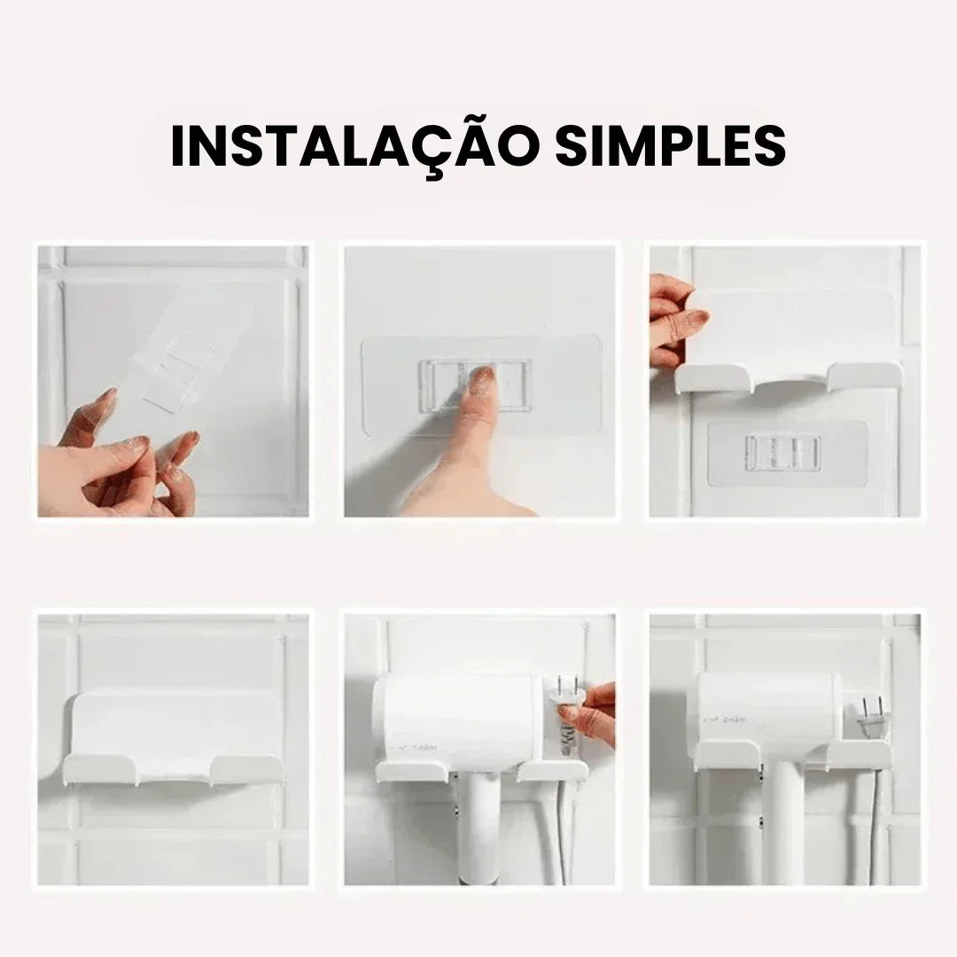 Passo a passo de instalação de suporte de parede para secador de cabelo em azulejo branco