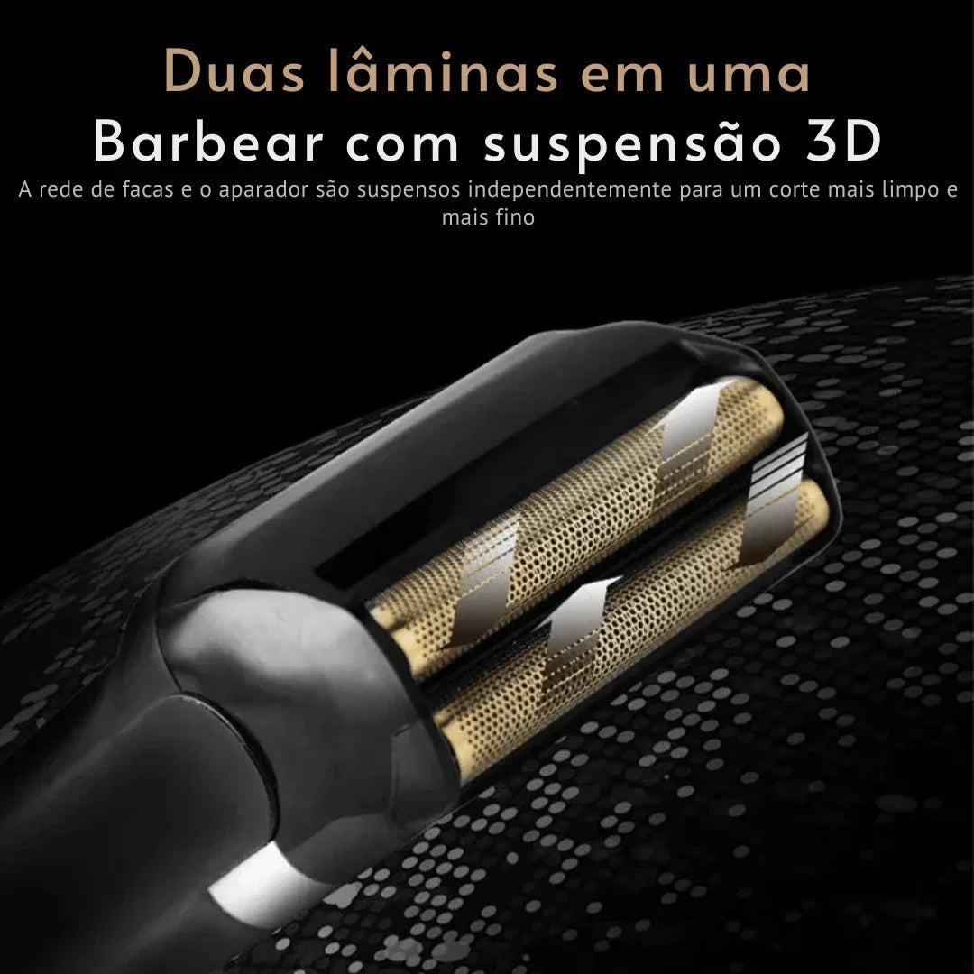 Aparelho de barbear elétrico com duas lâminas douradas e tecnologia de suspensão 3D
