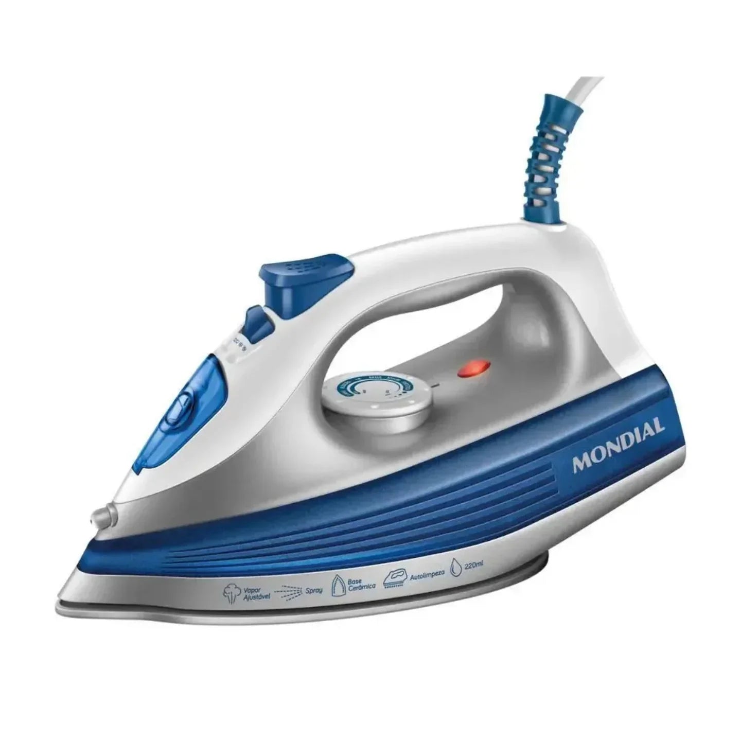 Ferro de passar roupa Mondial azul e branco com controle de vapor, base cerâmica e spray.