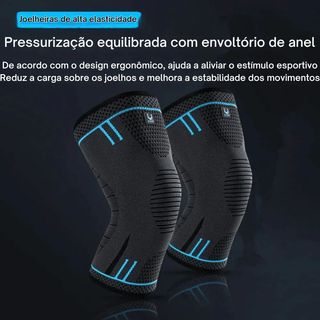 Joelheiras esportivas pretas com detalhes azuis, alta elasticidade, fundo escuro.