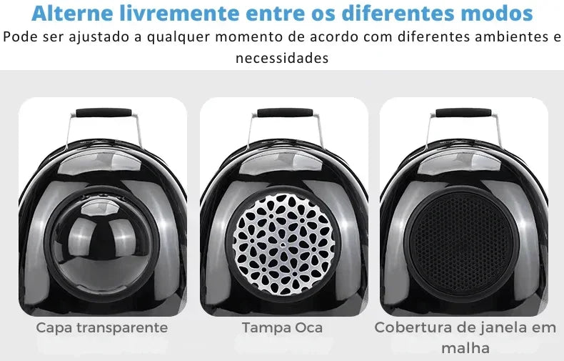 Mochila pet preta com três modos: capa transparente, tampa oca e janela em malha.