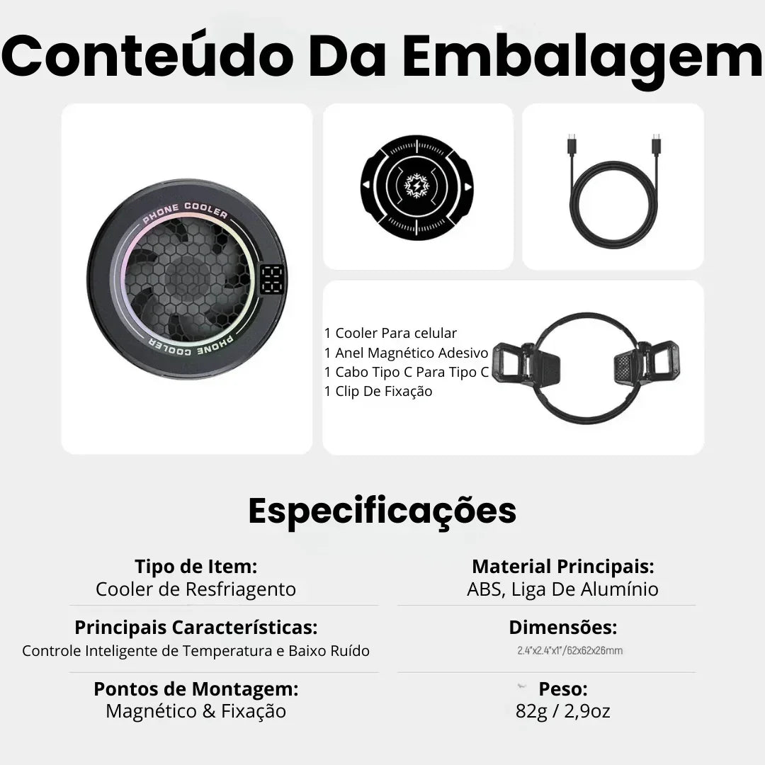 Conteúdo embalagem cooler de celular: cooler, anel magnético, cabo USB-C, clip de fixação.