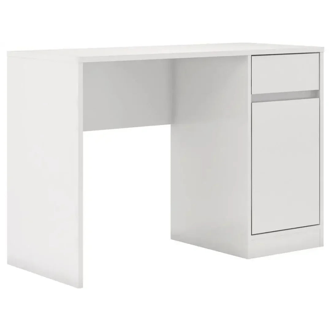 Mesa de escritório branca com gaveta e armário, design minimalista, mobiliário moderno.