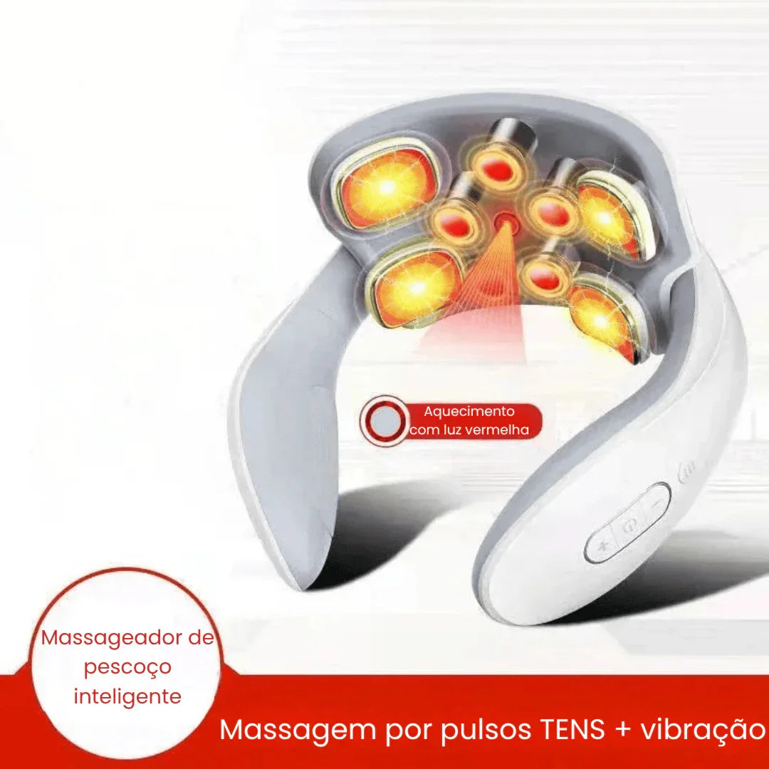 Massageador de pescoço inteligente branco com aquecimento por luz vermelha e pulsos TENS