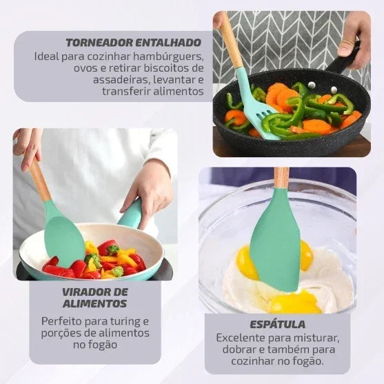 Utensílios de silicone com cabo de madeira: espátula, virador e torneador em uso na cozinha.