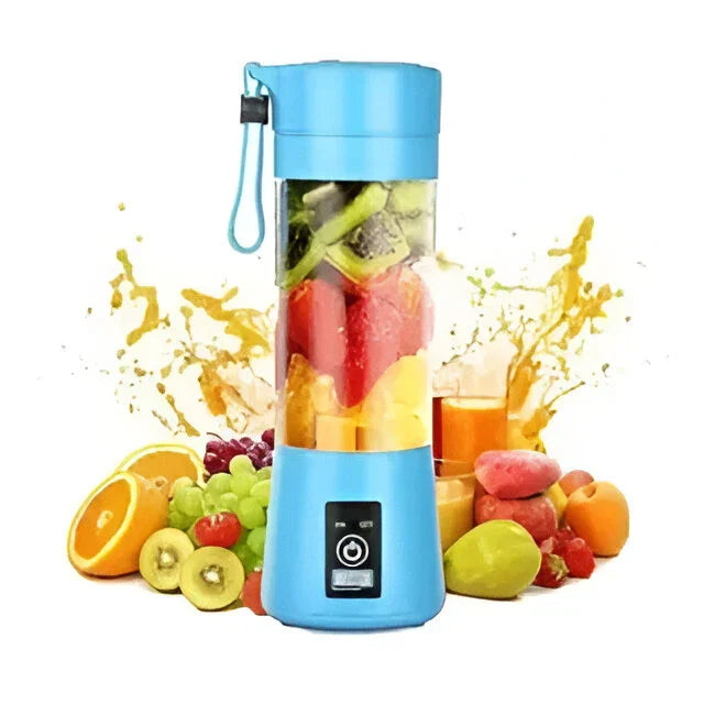 Liquidificador portátil azul com frutas coloridas e suco, fundo branco, design moderno