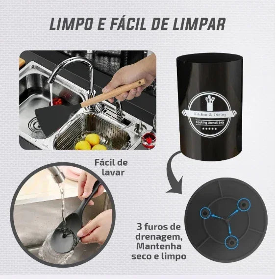 Porta utensílios de cozinha preto com furos de drenagem, fácil de lavar na pia.