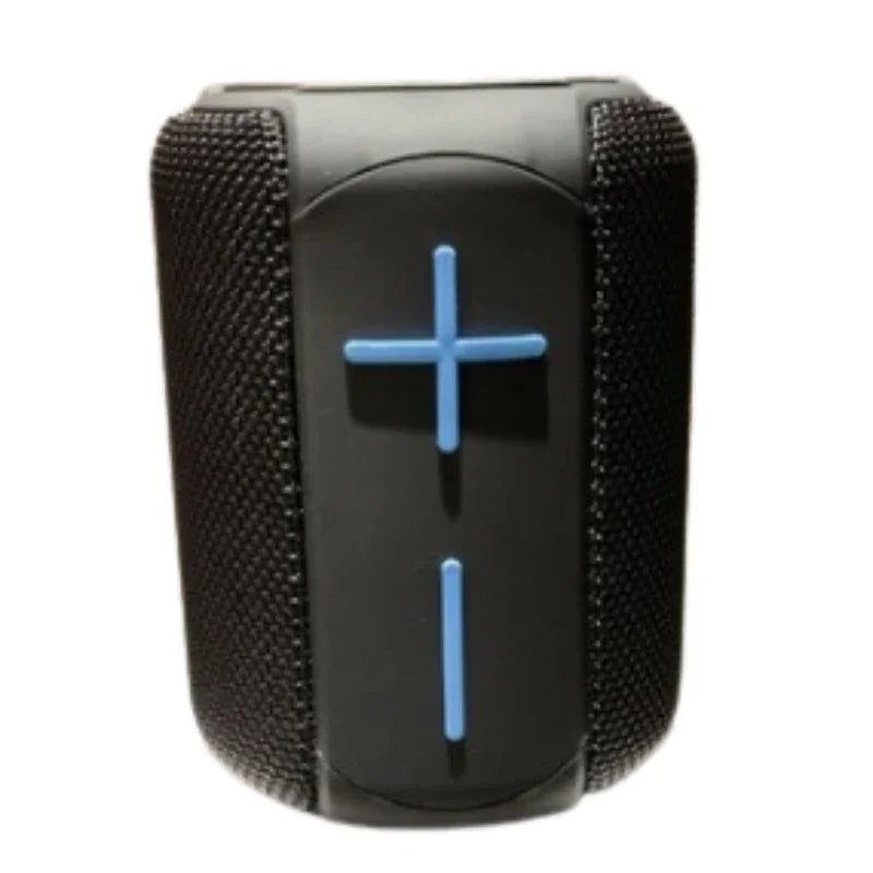 Caixa de som bluetooth preta com botões de volume azuis em destaque