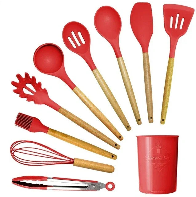 Kit de utensílios de cozinha em silicone vermelho com cabo de madeira e porta-utensílios
