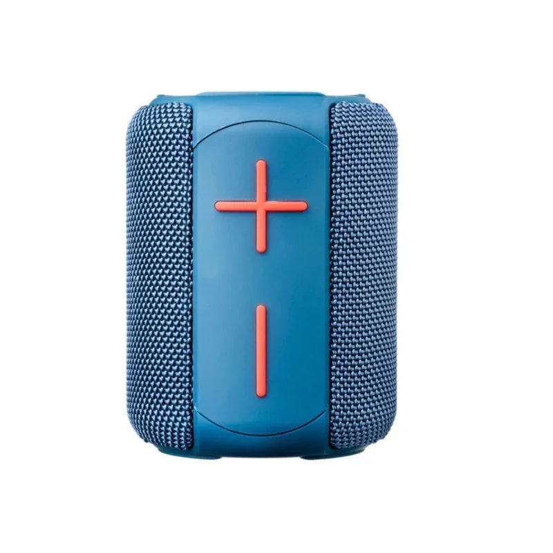 Caixa de som Bluetooth portátil azul com botões de volume em laranja, design moderno.