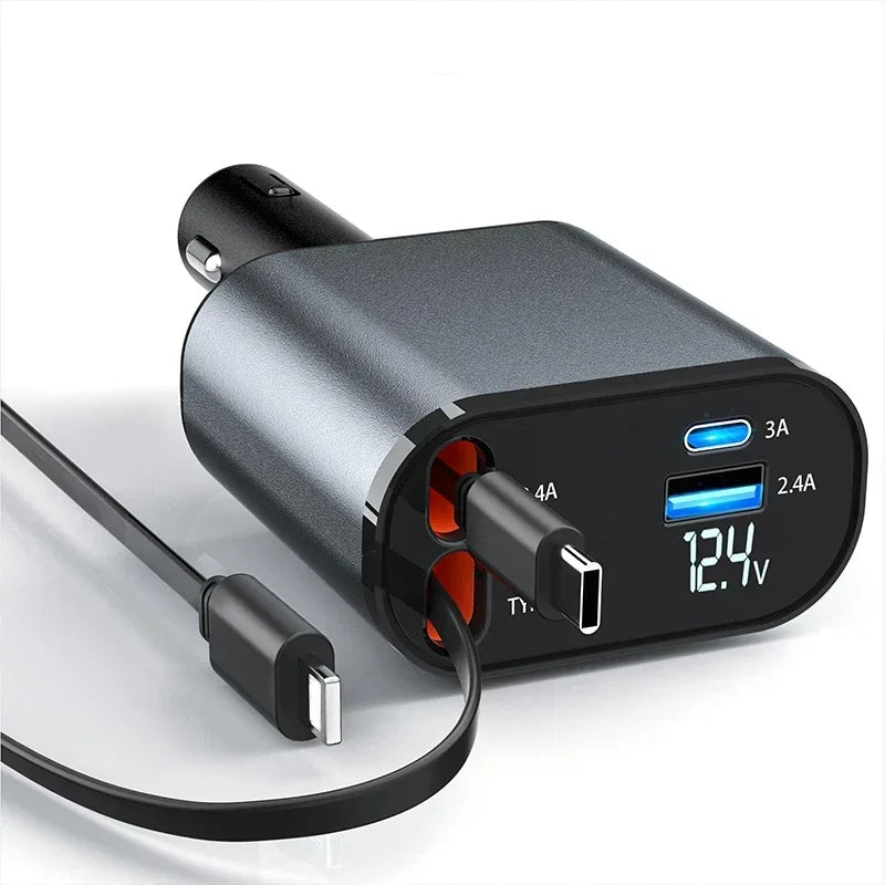 Carregador veicular USB e Tipo-C com display digital de voltagem, design moderno, preto.
