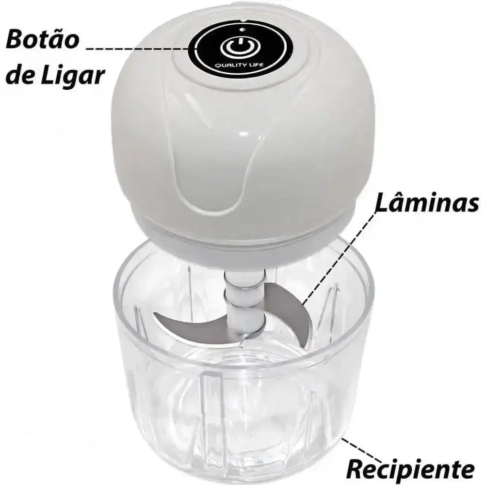 Mini processador elétrico de alimentos branco com botão de ligar, lâminas e recipiente transparente.