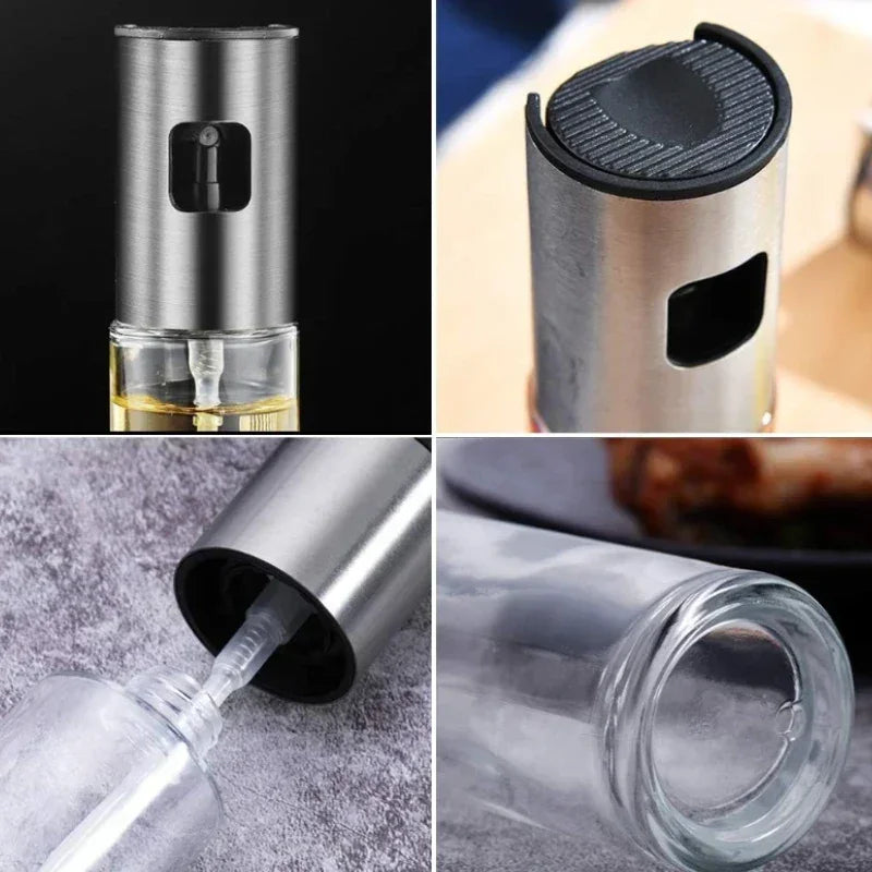 Spray de cozinha inox para óleo, detalhes do recipiente de vidro e mecanismo do pulverizador.