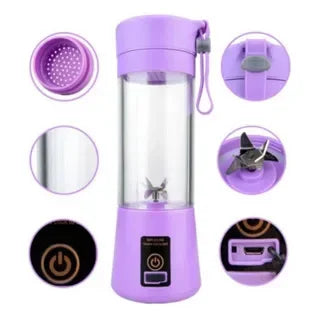 Mini liquidificador portátil roxo com lâmina inox, botão liga/desliga e carregador USB