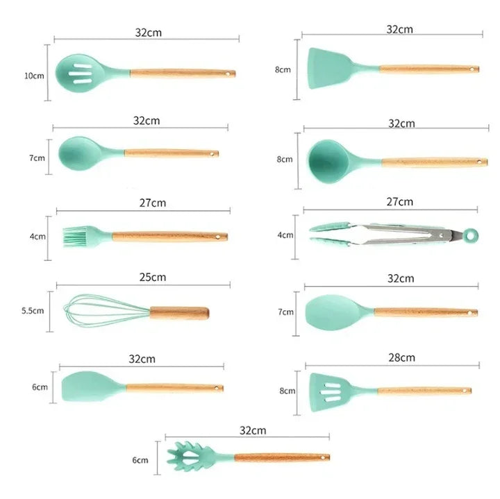 Kit de utensílios de cozinha em silicone verde e cabo de madeira, com medidas detalhadas.