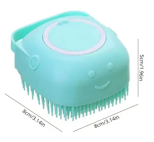 Escova massageadora de silicone azul com formato sorridente, medidas 8x8x5cm.