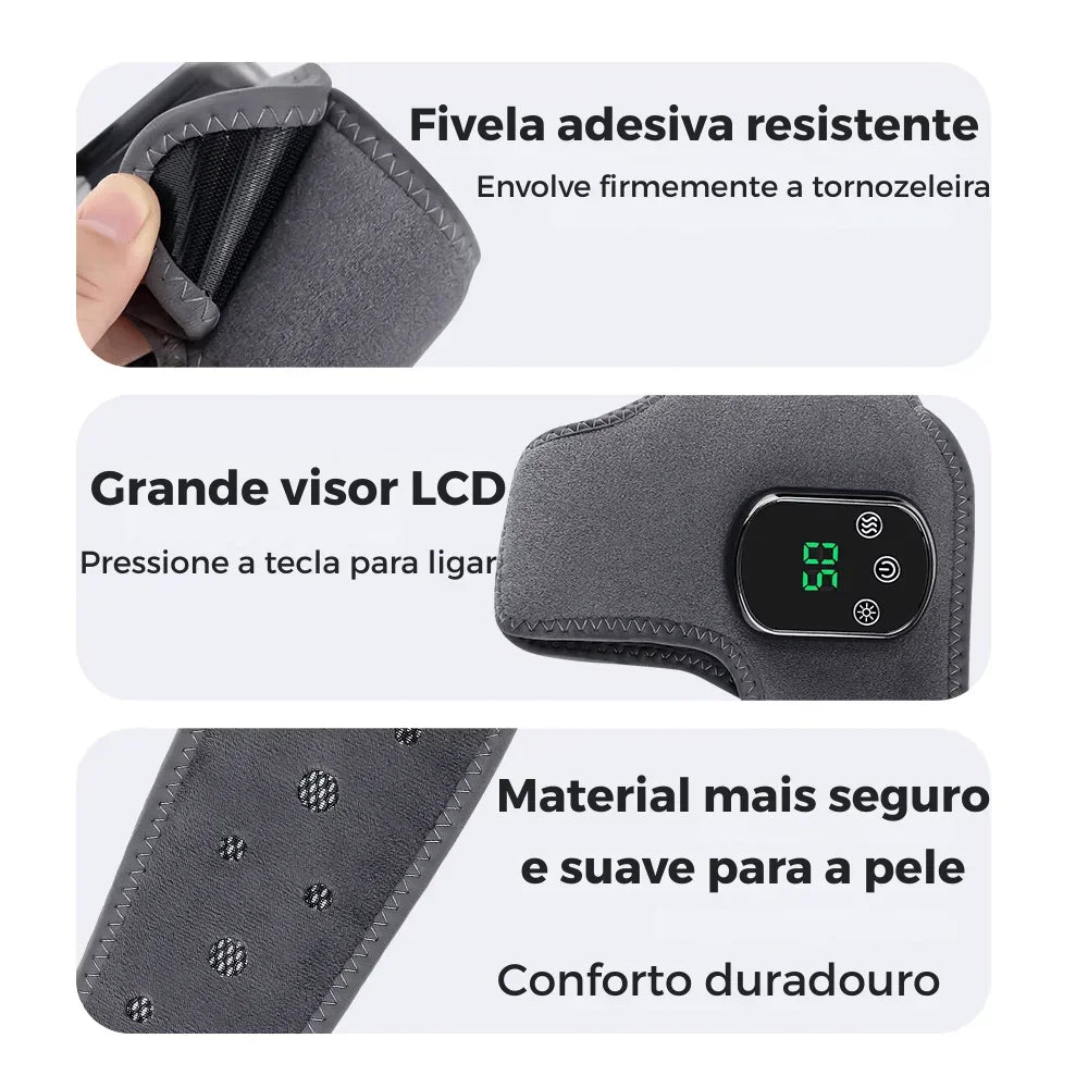 Tornozeleira ortopédica cinza com fivela adesiva, visor LCD e material macio para pele