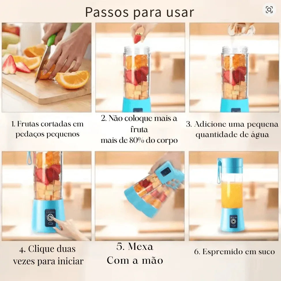 Passo a passo para usar mini liquidificador portátil azul com frutas cortadas, água e suco pronto.