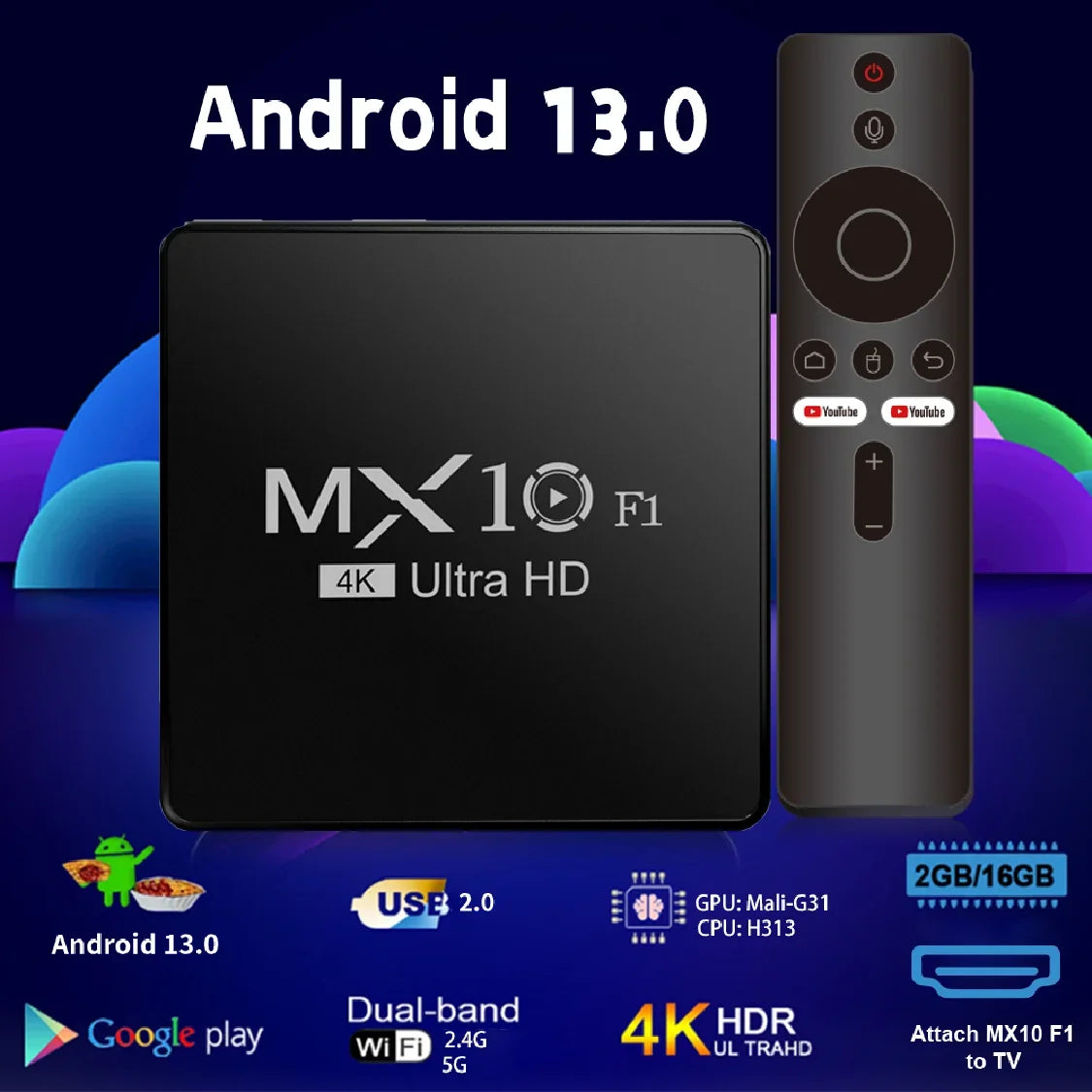 TV box MX10 F1 4K Ultra HD com controle remoto, Android 13.0, Wi-Fi dual band, 2GB/16GB.