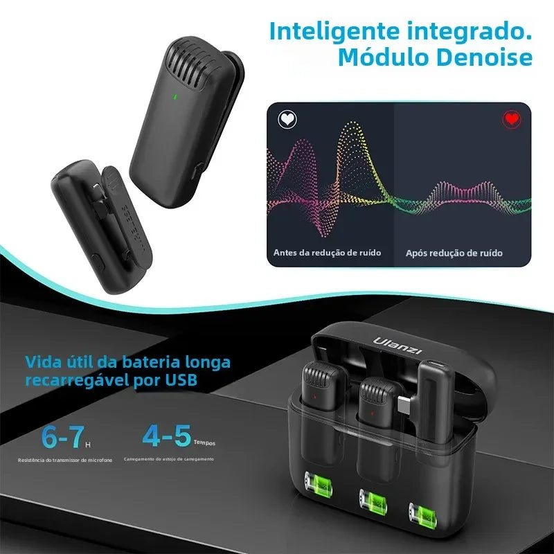 Microfone sem fio Ulanzi com case de carregamento USB, módulo de redução de ruído inteligente.