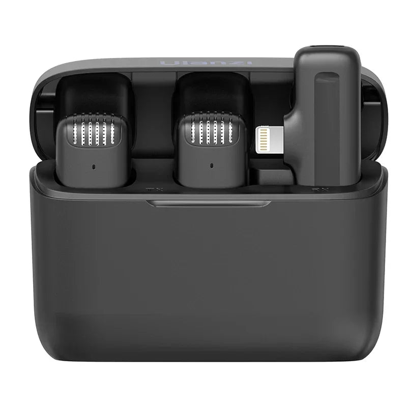 Estojo preto com microfones sem fio Ulanzi e receptor Lightning, áudio portátil