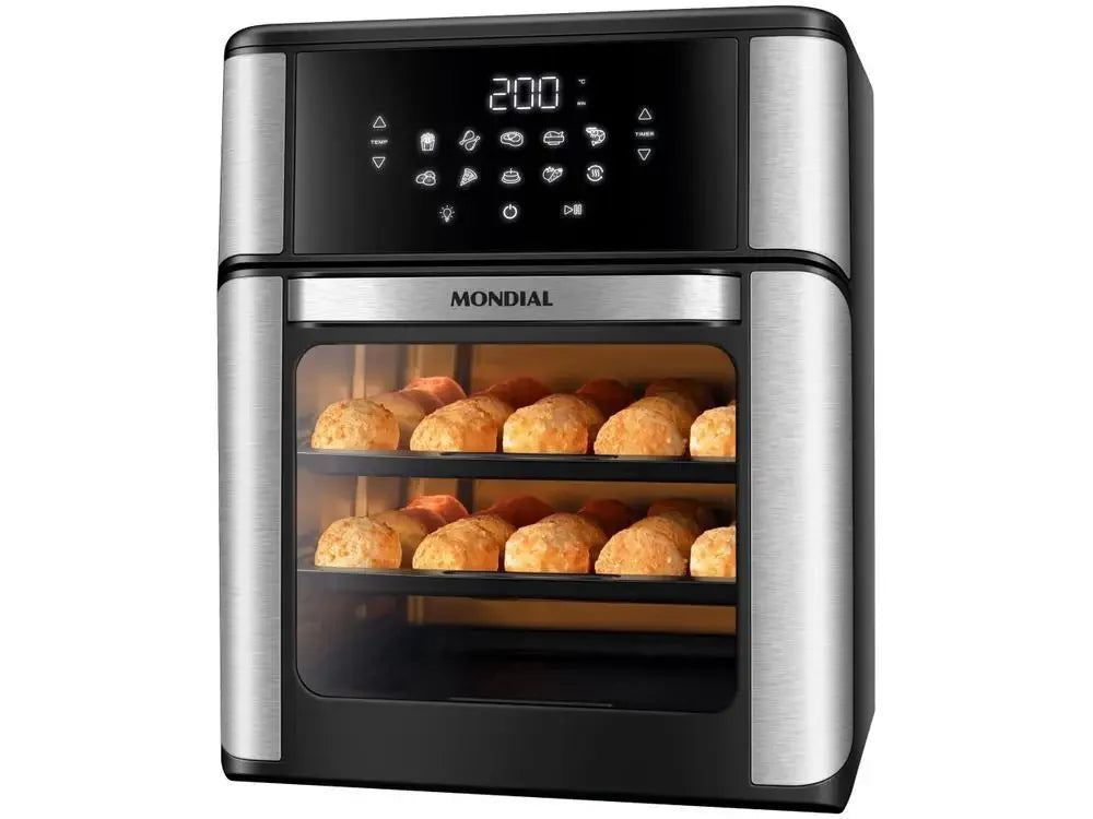 Fritadeira Air Fryer Mondial inox digital com pães de queijo assando em duas bandejas