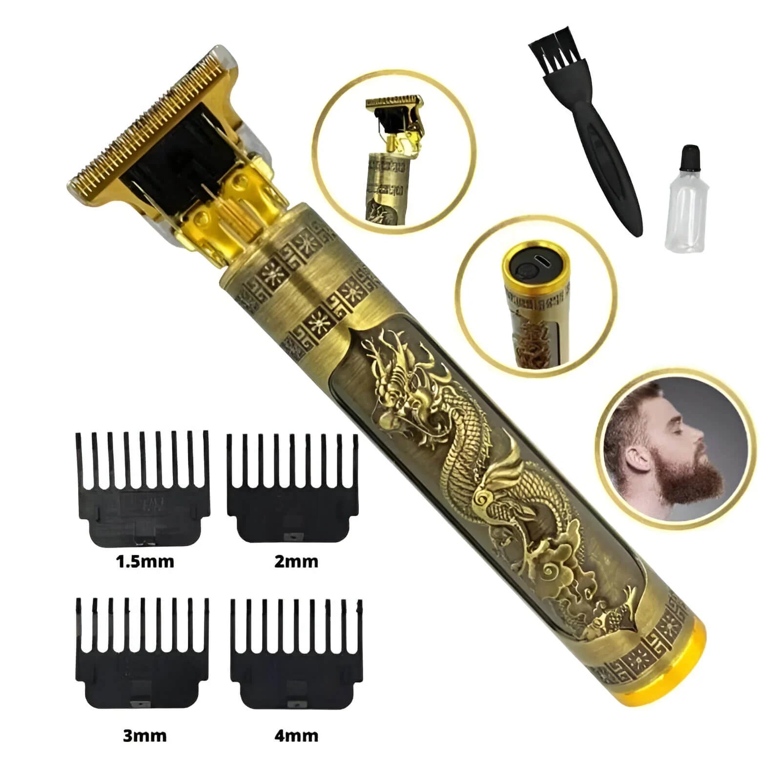 Máquina de cortar cabelo e barba dourada com desenho de dragão, pentes de 1,5mm a 4mm e acessórios.