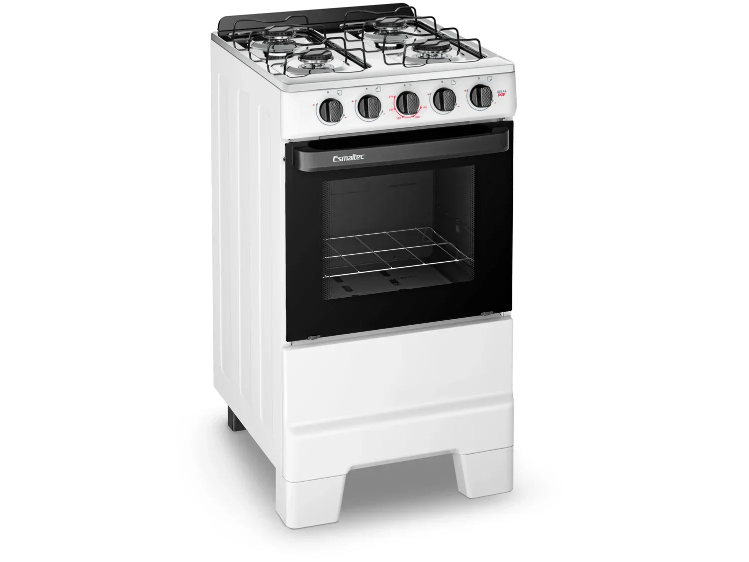 Fogão Esmaltec branco 4 bocas com forno, mesa de inox e botões frontais