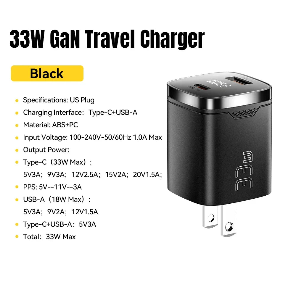 Carregador de viagem preto 33W GaN, plugue US, portas USB-C e USB-A, especificações técnicas.