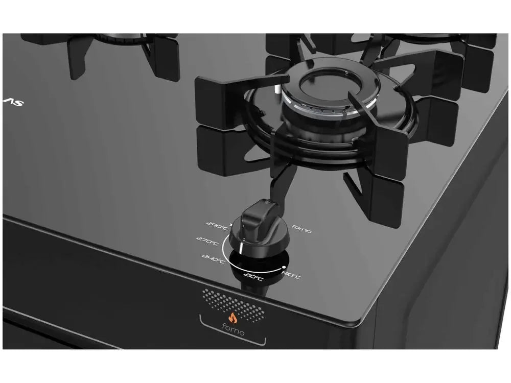 Boca de fogão cooktop preto com grade de ferro e botão de controle para forno