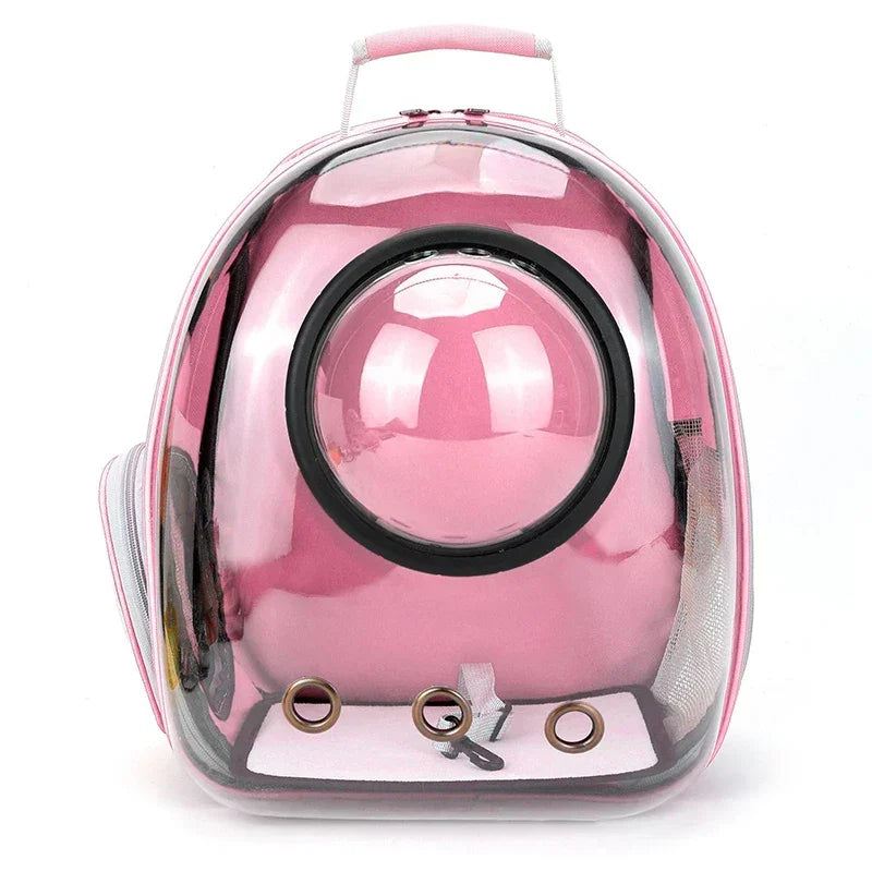 Mochila rosa transparente para transporte de pets com visor bolha e alças de mão